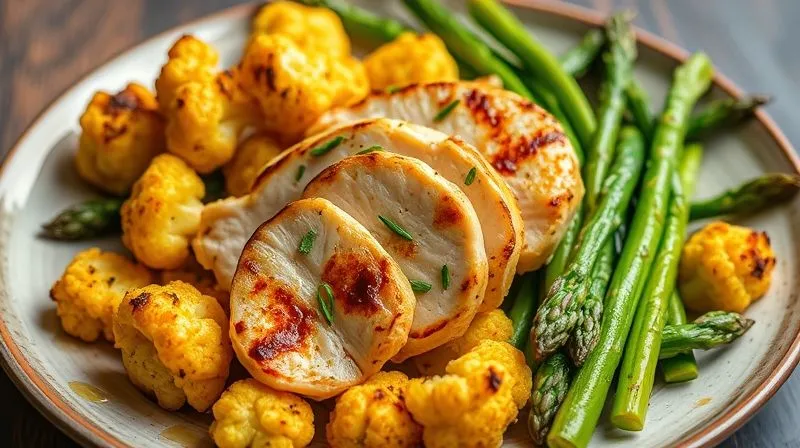 A professional food photography shot of a healthy and colorful dinner plate. The main focus is a generous portion of golden-brown roasted cauliflower florets, mixed with perfectly grilled chicken breast slices and vibrant green asparagus. The dish is artfully arranged, with a light dressing drizzled over, suggesting freshness and flavor. 8K, cinematic lighting, sharp focus, depth of field, shot on a high-end DSLR, inviting and delicious.
