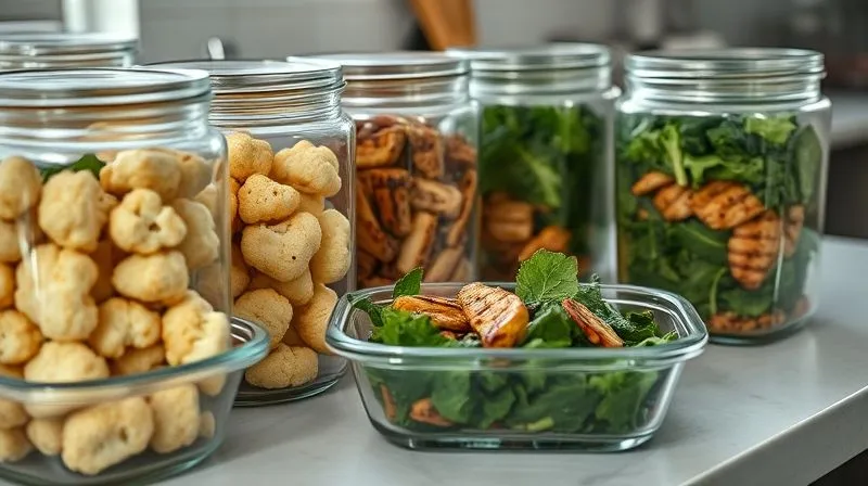 A neat and organized meal prep scene. Several glass containers are filled with roasted cauliflower florets, grilled chicken strips, and fresh mixed greens, ready for the week. The setting is a clean kitchen counter with natural light, emphasizing healthy eating and preparation. 8K, cinematic lighting, sharp focus, depth of field, shot on a high-end DSLR, professional and inspiring.