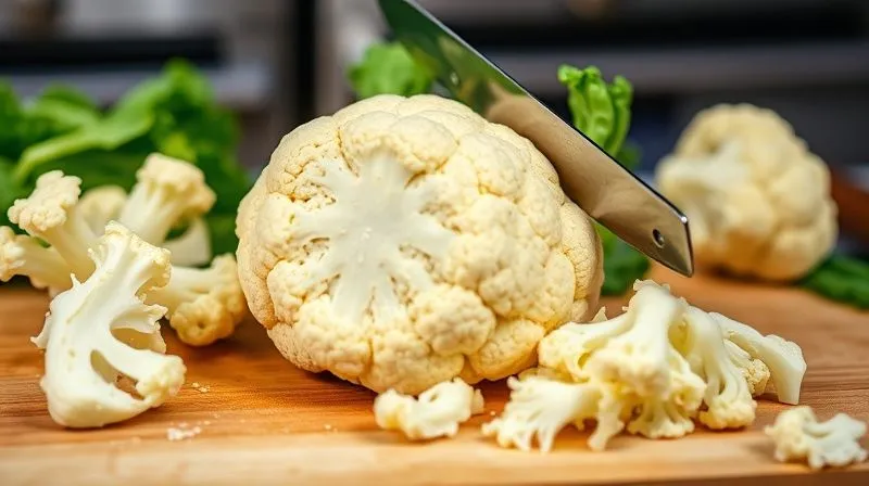Fresh, vibrant whole cauliflower on a cutting board, with a knife expertly slicing florets, kitchen counter background, photorealistic, professional photography, 8K, cinematic lighting, sharp focus, depth of field, shot on a high-end DSLR.