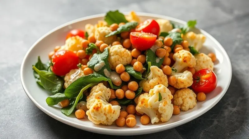 A beautifully arranged plate of roasted cauliflower florets, mixed with chickpeas, cherry tomatoes, and fresh spinach, drizzled with a light tahini dressing, on a modern white plate, professional food photography, 8K, cinematic lighting, sharp focus, depth of field, shot on a high-end DSLR.