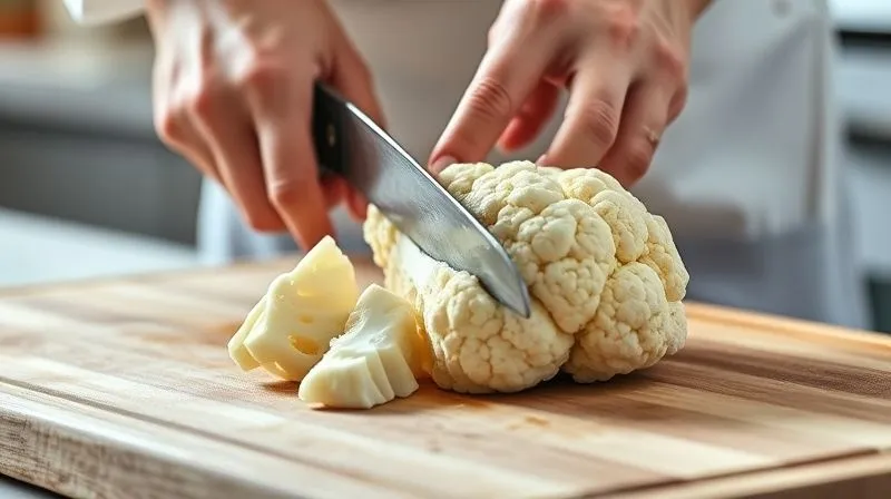 A close-up, photorealistic, professional photography, 8K, cinematic lighting, sharp focus, depth of field, shot on a high-end DSLR of a chef's hands expertly slicing a fresh, white cauliflower into thick 'steaks' on a clean wooden cutting board. The background is softly blurred, highlighting the precision of the cut and the pristine quality of the vegetable. The scene evokes culinary skill and preparation.