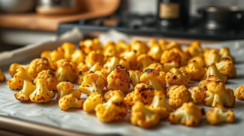 A photorealistic, professional photography, 8K, cinematic lighting, sharp focus, depth of field, shot on a high-end DSLR of golden-brown, perfectly roasted cauliflower florets spread evenly on a baking sheet lined with parchment paper, fresh out of the oven. The florets show beautiful caramelization and a slightly charred texture, with steam gently rising. The background is a warm, inviting kitchen setting, subtly blurred.