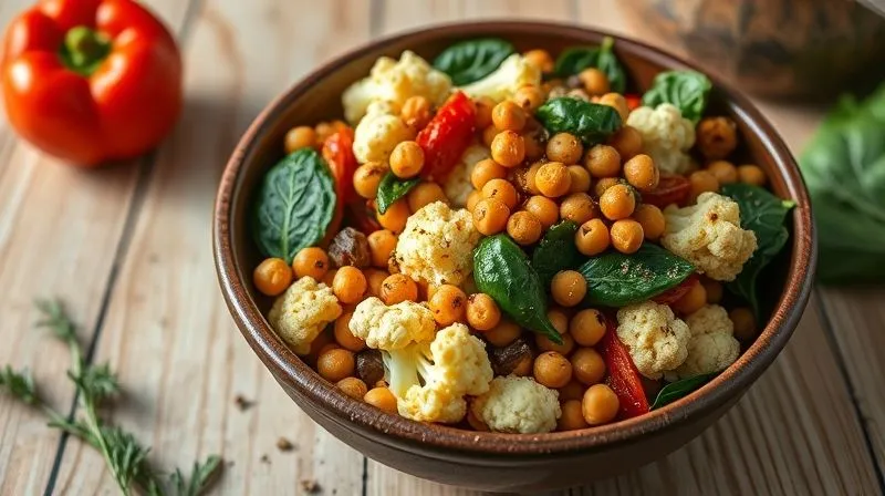 A vibrant, photorealistic, professional photography, 8K, cinematic lighting, sharp focus, depth of field, shot on a high-end DSLR of a colorful, healthy vegetarian meal. Roasted cauliflower florets are mixed with crispy roasted chickpeas, colorful bell peppers, and fresh spinach, all seasoned with aromatic herbs. The dish is presented in a rustic ceramic bowl on a light wooden table, conveying freshness, abundance, and nutritional richness.