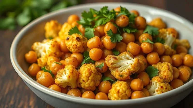 A close-up, photorealistic, professional photography, 8K, cinematic lighting, sharp focus, depth of field, shot on a high-end DSLR of a beautifully plated serving of the roasted cauliflower and chickpea dish described in the recipe. The golden-brown cauliflower and crispy chickpeas are vibrant, garnished with fresh green cilantro, and presented in a minimalist, light-colored bowl. The focus is on the inviting texture and color of the food, suggesting deliciousness and health.