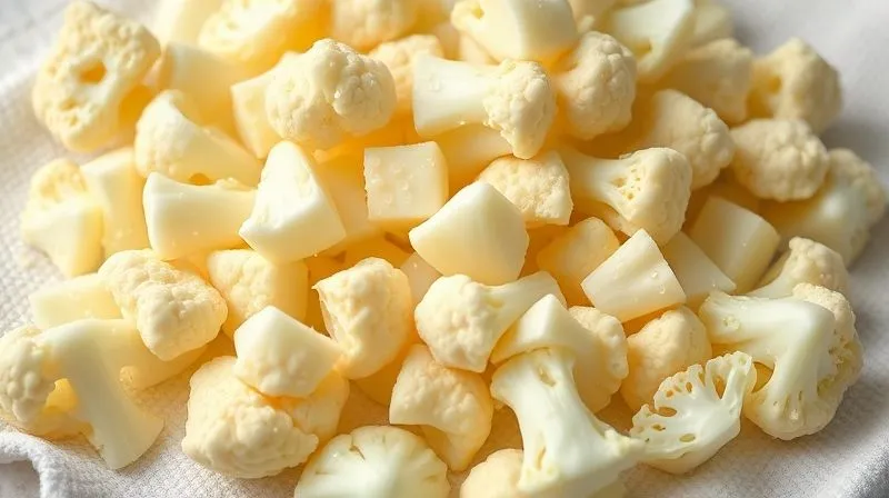Photorealistic close-up of fresh, raw cauliflower florets meticulously cut into uniform sizes, laid out on a clean kitchen towel, with water droplets visible, indicating freshness and readiness for drying. Cinematic lighting, sharp focus, depth of field, 8K, high-end DSLR.