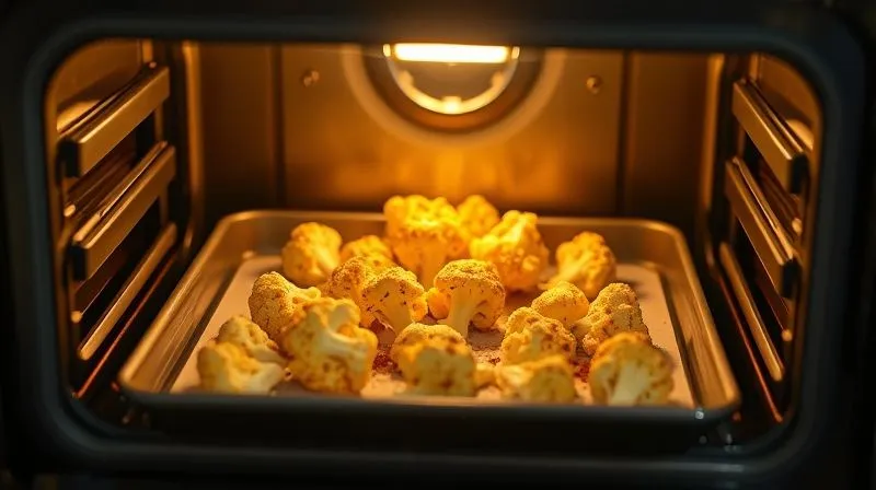 Photorealistic image of a professional kitchen oven, slightly ajar, revealing a baking sheet with perfectly golden-brown, crispy keto cauliflower florets inside. The oven light casts a warm glow, creating cinematic lighting. Sharp focus on the cauliflower, depth of field blurring the background, 8K, high-end DSLR.