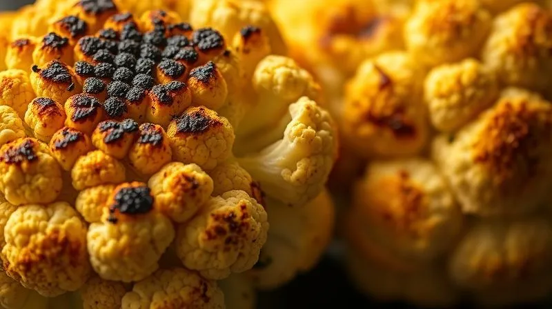 A close-up, photorealistic, professional photography, 8K image of a slightly burnt or soggy piece of cauliflower next to a perfectly baked, golden-brown one, highlighting the contrast. Cinematic lighting, sharp focus on the imperfections and perfections, depth of field, high-end DSLR, conveying a lesson learned.
