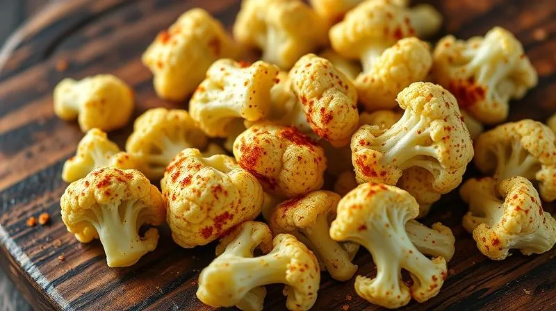 Photorealistic close-up of cauliflower florets coated in olive oil and a blend of aromatic spices (paprika, cumin, turmeric), ready for roasting, on a dark rustic wooden board. Cinematic lighting, sharp focus, depth of field, 8K hyper-detailed, professional food photography.