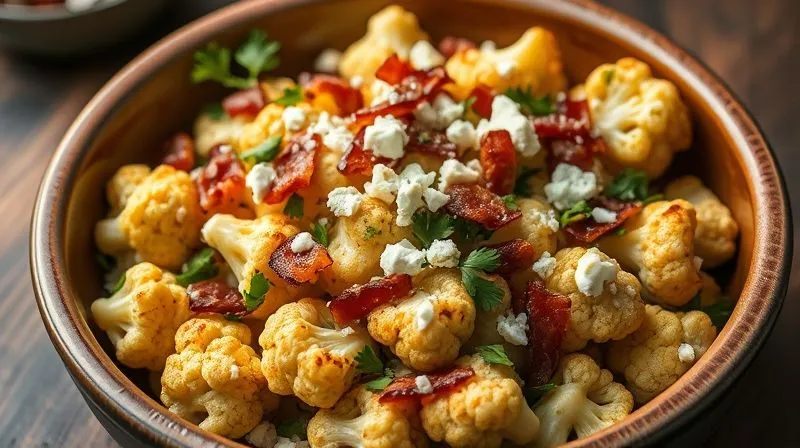Photorealistic image of roasted cauliflower florets tossed with crispy bacon bits, crumbled feta cheese, and fresh parsley, served in a rustic ceramic bowl. Cinematic lighting, sharp focus on the textures, depth of field, 8K hyper-detailed, professional food photography.