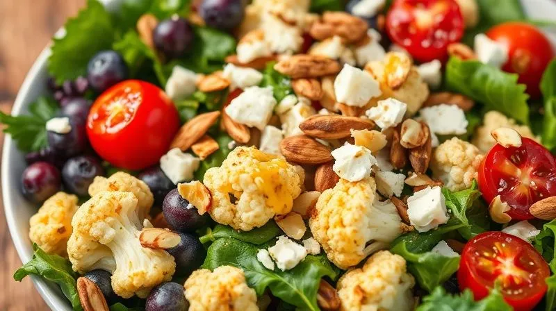 A vibrant and healthy salad featuring roasted cauliflower florets, mixed greens, cherry tomatoes, crumbled feta, and toasted almonds, drizzled with a light vinaigrette. Photorealistic, professional food photography, bright and airy, 8K, cinematic lighting, sharp focus, depth of field.