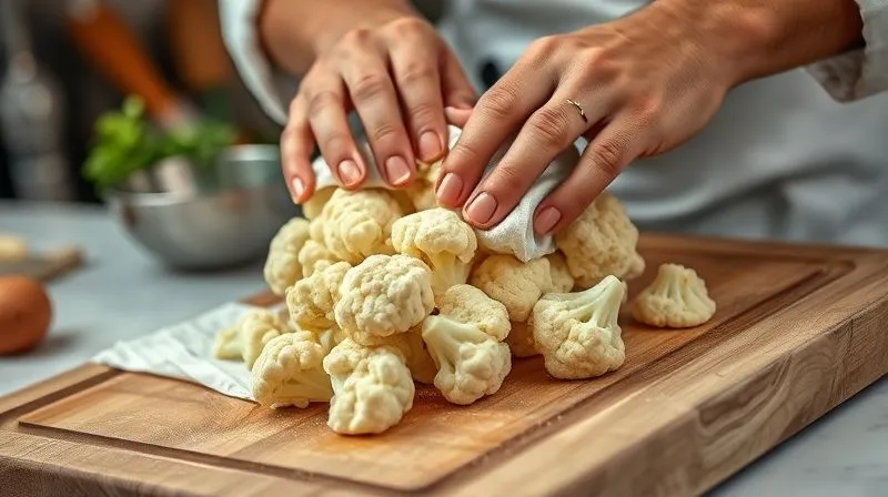 Photorealistic, professional photography of a chef's hands gently patting dry florets of cauliflower with a paper towel on a wooden cutting board. The background is softly blurred with kitchen elements, emphasizing the detail of the cauliflower and the drying process. Cinematic lighting, sharp focus, depth of field, 8K hyper-detailed.