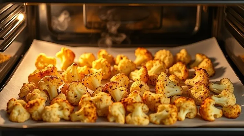 Photorealistic, professional photography of golden-brown roasted cauliflower florets spread in a single layer on a parchment-lined baking sheet, just pulled from the oven. Steam is visibly rising, and the cauliflower has crispy, caramelized edges. Cinematic lighting, sharp focus, depth of field blurring the oven interior, 8K hyper-detailed, showcasing the perfect texture and color.