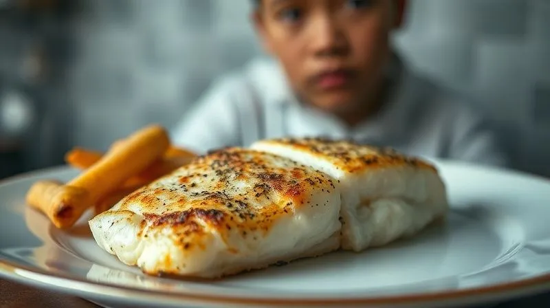 Photorealistic, professional photography, 8K, cinematic lighting, sharp focus, depth of field, shot on a high-end DSLR. A dry, overcooked cod fillet on a plate, looking unappetizing and flaky, with a disappointed expression in the background, conveying the common problem of ruined low-fat fish.
