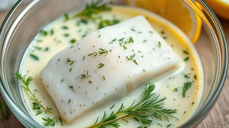 Photorealistic, professional photography, 8K, cinematic lighting, sharp focus, depth of field, shot on a high-end DSLR. A fresh cod fillet marinating in a vibrant, creamy yogurt-herb mixture in a glass bowl, with fresh dill, parsley, and lemon zest visible. Soft, natural light illuminates the scene, emphasizing freshness and preparation.