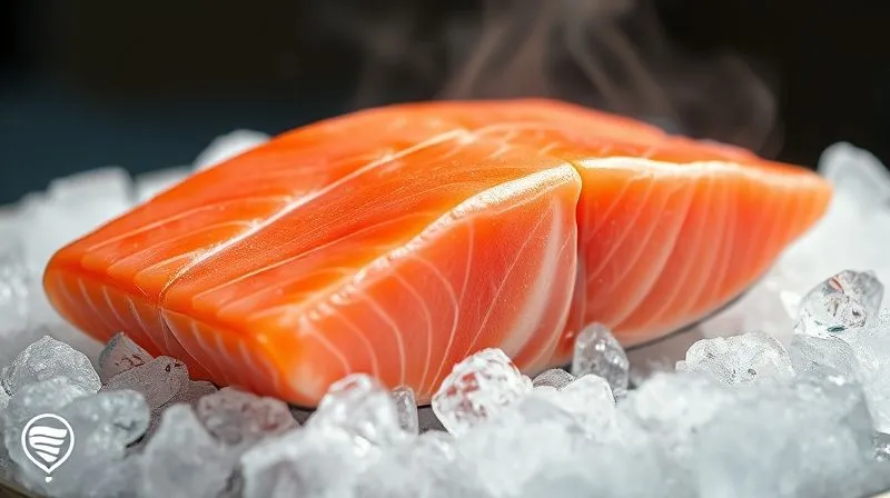 Photorealistic image of a fresh, vibrant pink salmon fillet on a bed of crushed ice, with a gentle mist rising. The focus is on the texture and color of the fish, suggesting premium quality. Cinematic lighting, sharp focus, depth of field, 8K, shot on a high-end DSLR.