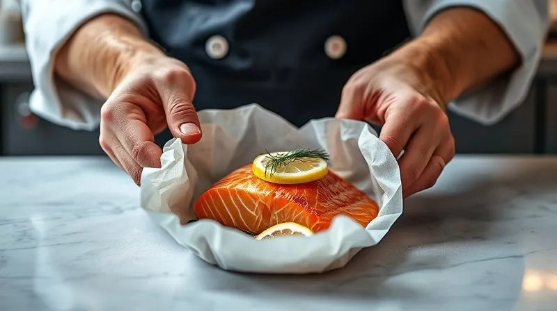 Photorealistic image of a chef's hands carefully folding parchment paper around a salmon fillet with fresh dill and lemon slices, creating a 'papillote' packet. The background shows a clean, modern kitchen counter. Cinematic lighting, sharp focus on the hands and paper, depth of field, 8K, shot on a high-end DSLR.