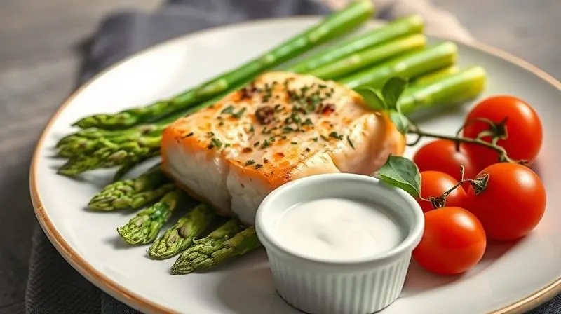 Photorealistic image of a perfectly composed plate with a baked salmon fillet, vibrant green asparagus, cherry tomatoes, and a small ramekin of a light yogurt-dill sauce. The presentation is elegant and healthy. Cinematic lighting, sharp focus, depth of field, 8K, shot on a high-end DSLR.
