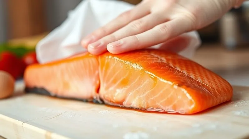 A close-up, photorealistic image of a fresh, vibrant pink salmon fillet being gently patted dry with a paper towel on a clean cutting board, with a blurred background of kitchen utensils. Professional photography, 8K, cinematic lighting, sharp focus, depth of field, shot on a high-end DSLR.
