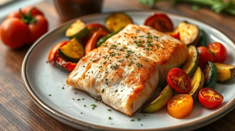 A photorealistic, professional photography image of a perfectly baked salmon fillet presented beautifully on a minimalist plate alongside vibrant, roasted Mediterranean vegetables (zucchini, bell peppers, cherry tomatoes). The scene is bathed in soft, natural light, highlighting the textures and colors of the food. 8K hyper-detailed, sharp focus on the meal, depth of field blurring the background, shot on a high-end DSLR.