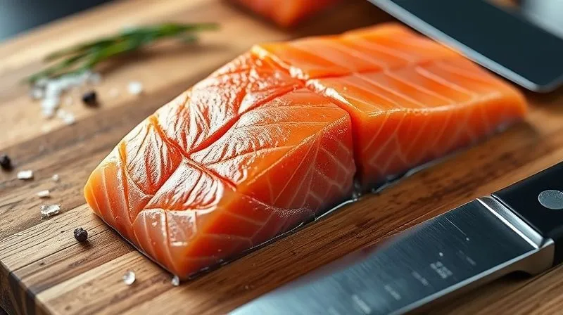 A close-up, photorealistic image of a fresh, vibrant pink salmon fillet on a wooden cutting board, with a chef's knife nearby, and a sprinkle of sea salt and black pepper. Cinematic lighting, sharp focus on the texture of the fish, depth of field blurring the background, 8K hyper-detailed, professional photography.