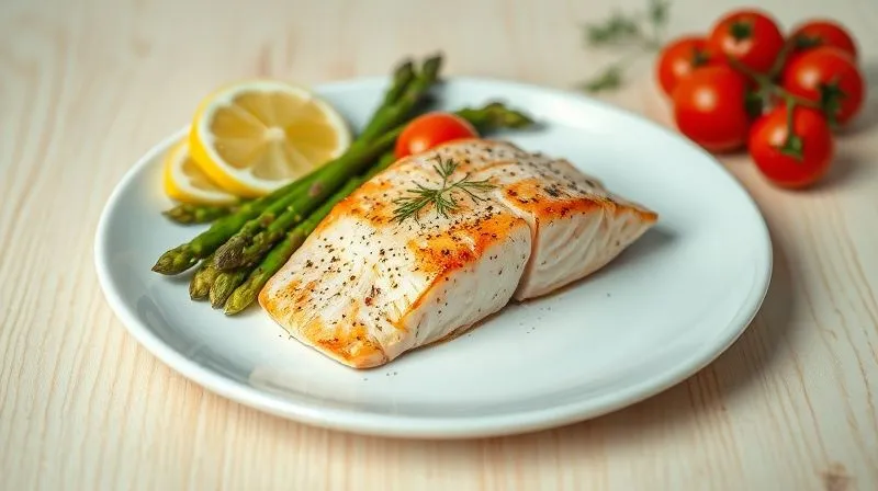 A vibrant, photorealistic image of a perfectly baked salmon fillet served with steamed asparagus, cherry tomatoes, and a lemon wedge, garnished with fresh dill. The plate is white and minimalist, set against a light wooden background. Cinematic lighting, sharp focus on the food, depth of field, 8K hyper-detailed, professional photography.