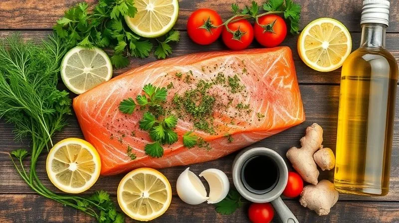 A creative, photorealistic flat lay of various fresh ingredients for salmon preparation: colorful herbs (dill, parsley, cilantro), lemon and lime slices, cherry tomatoes, garlic cloves, ginger, a small bowl of low-sodium soy sauce, and a bottle of olive oil spray. All arranged aesthetically on a rustic wooden table. Cinematic lighting, sharp focus, depth of field, 8K hyper-detailed, professional photography.