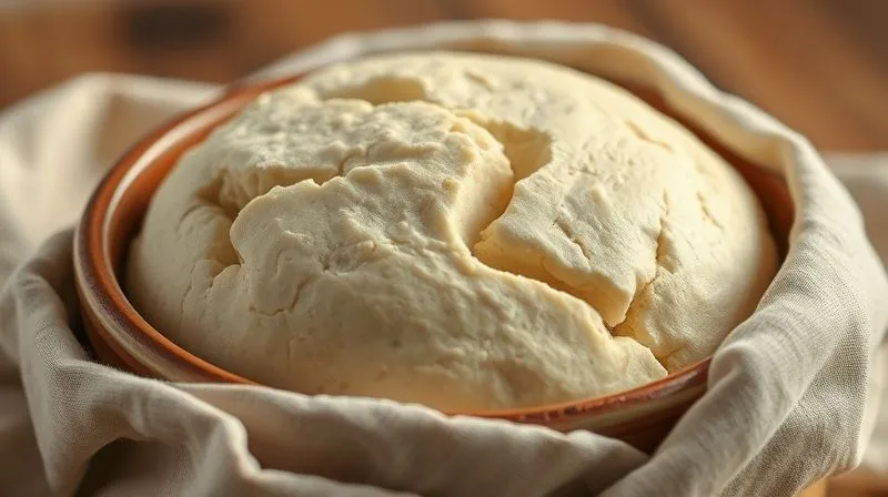A close-up, photorealistic, professional photography, 8K, cinematic lighting, sharp focus, depth of field, shot on a high-end DSLR, of whole-grain bread dough gently rising in a rustic ceramic bowl, covered with a linen cloth. Soft, warm light illuminates the scene, highlighting the subtle cracks and bubbles on the dough's surface, conveying the magic of fermentation and anticipation of baking.