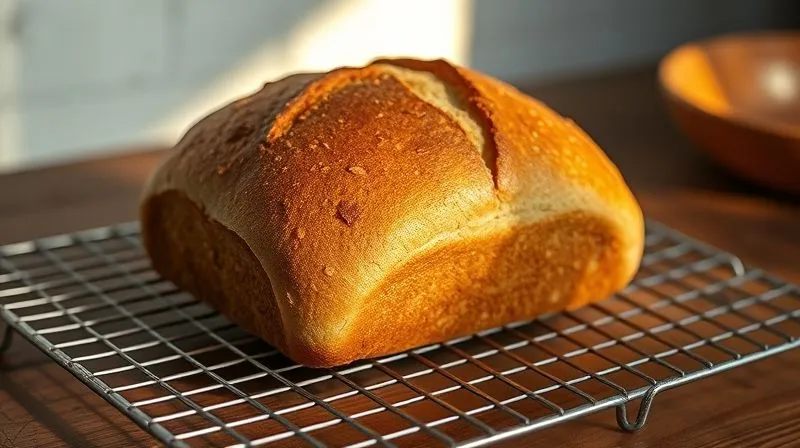 A photorealistic, professional photography, 8K, cinematic lighting, sharp focus, depth of field, shot on a high-end DSLR, of a perfectly baked, golden-brown whole-grain bread loaf cooling on a wire rack on a rustic wooden table. A ray of soft morning light highlights the crust, and a few scattered grains are visible around the base, emphasizing the wholesome, natural process.