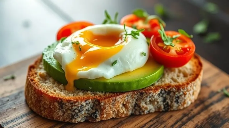 A vibrant, photorealistic, professional photography, 8K, cinematic lighting, sharp focus, depth of field, shot on a high-end DSLR, of a perfectly assembled, healthy open-faced sandwich on a slice of homemade whole-grain bread. The topping includes sliced avocado, a perfectly poached egg with a runny yolk, fresh cherry tomatoes, and a sprinkle of microgreens. The background is softly blurred, highlighting the fresh ingredients and appealing presentation, evoking healthy eating and energy.
