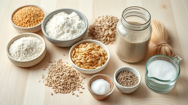 A photorealistic, professional photography shot of various whole-grain fitness bread ingredients laid out on a clean, light wooden surface: different types of whole-wheat and rye flour in bowls, a glass jar with active sourdough starter bubbling, a bowl of mixed seeds (flax, sunflower, chia), a small pile of sea salt, and a measuring cup of water, all with cinematic lighting and sharp focus on the textures of the ingredients. 8K hyper-detailed, depth of field.