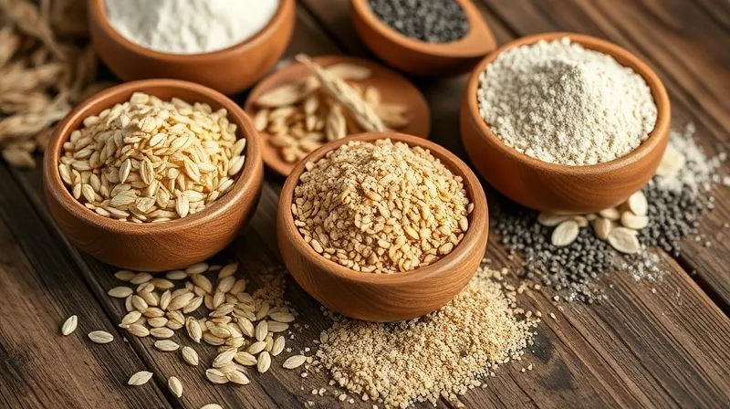Photorealistic, professional photography, 8K, cinematic lighting, sharp focus, depth of field, shot on a high-end DSLR, a close-up of various whole grain flours in small wooden bowls (rye, wheat, spelt), with scattered flax seeds, sunflower seeds, and chia seeds on a rustic wooden table, evoking natural goodness and healthy ingredients.