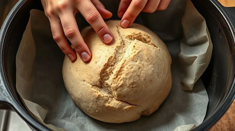 Photorealistic, professional photography, 8K, cinematic lighting, sharp focus, depth of field, shot on a high-end DSLR, a pair of hands gently scoring the top of a raw, perfectly proofed whole-grain bread dough loaf, resting on parchment paper inside a preheated cast iron Dutch oven, ready for baking. The scene emphasizes precision and care.