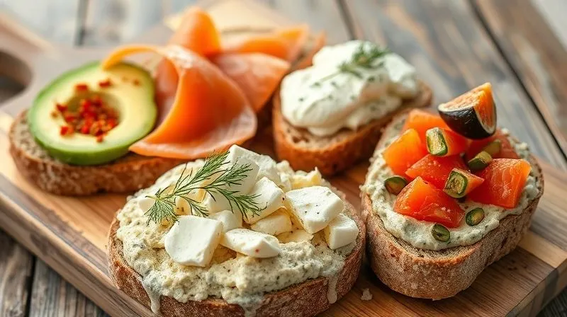 Photorealistic, professional photography, 8K, cinematic lighting, sharp focus, depth of field, shot on a high-end DSLR, a beautifully arranged selection of healthy whole-grain bread toppings: creamy avocado slices with chili flakes, smoked salmon with dill, fresh goat cheese with figs and honey, and a vibrant vegetable spread, all artfully placed on slices of homemade whole-grain bread on a rustic wooden board, suggesting nutritious and delicious meal ideas.
