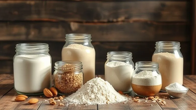 Photorealistic, professional photography of various protein powders (whey, casein, pea protein) and low-carb flours (almond, coconut, oat) neatly arranged in glass jars on a rustic wooden table, with soft natural light highlighting their textures, 8K, cinematic lighting, sharp focus, depth of field, shot on a high-end DSLR.