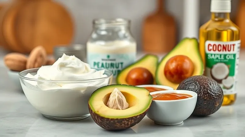 Photorealistic, professional photography of various moist and healthy fat ingredients for baking: a bowl of creamy Greek yogurt, a jar of natural peanut butter, a ripe avocado cut in half, a small bowl of unsweetened apple sauce, and a bottle of coconut oil. Arranged aesthetically on a light kitchen counter, 8K, cinematic lighting, sharp focus, depth of field, shot on a high-end DSLR.