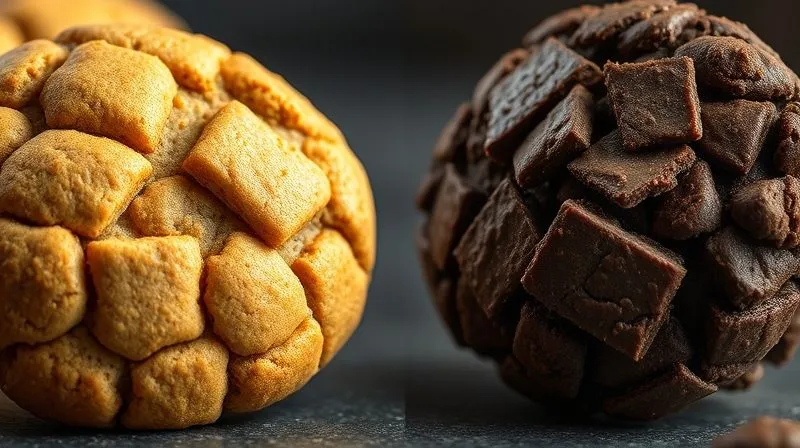 Photorealistic image illustrating the contrast between perfectly baked, soft, and moist protein cookies on one side, and overbaked, dry, crumbly, and dark protein cookies resembling cardboard on the other. The lighting is dramatic, highlighting the textures and colors, 8K, cinematic lighting, sharp focus, depth of field, shot on a high-end DSLR, evoking a sense of culinary success versus failure.