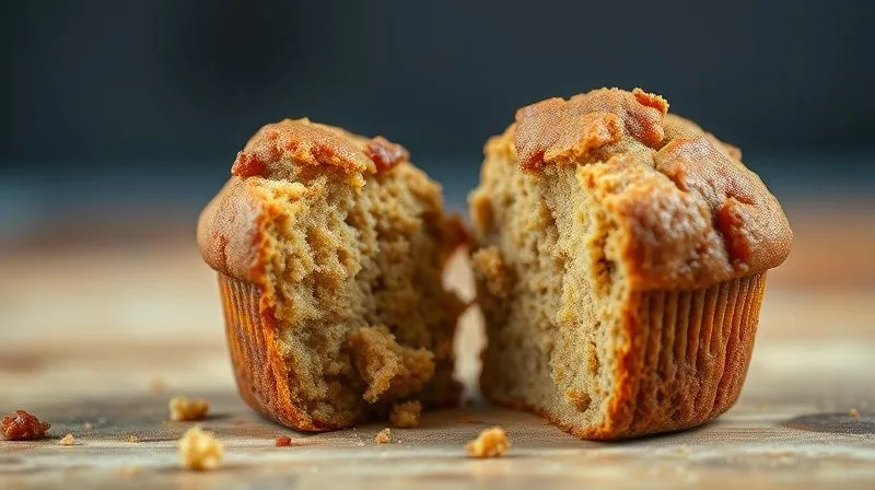 Photorealistic close-up of a dry, crumbly, unappetizing protein muffin broken in half, showing a dense and brittle interior. The lighting is harsh, emphasizing the lack of moisture. Shot on a high-end DSLR, 8K, sharp focus, shallow depth of field, professional photography, cinematic lighting, conveying disappointment.