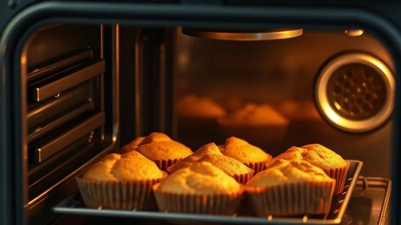 Photorealistic image of a professional kitchen oven door slightly ajar, revealing golden-brown, perfectly risen protein muffins baking inside. The muffins are evenly baked with a slight dome. Warm, cinematic lighting emanates from the oven, highlighting the texture. Shot on a high-end DSLR, 8K, sharp focus, depth of field, professional photography, inviting and warm.