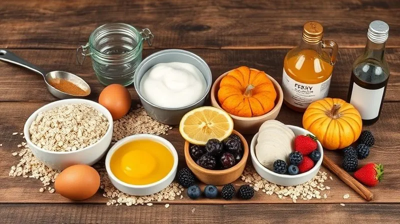 Photorealistic, professional photography of all the ingredients for protein muffins laid out neatly on a rustic wooden table. Ingredients include a scoop of protein powder, oats, eggs, Greek yogurt, coconut oil, pumpkin puree, berries, and a vanilla extract bottle. Cinematic lighting, 8K, sharp focus on the ingredients, depth of field, shot on a high-end DSLR, inviting and organized.