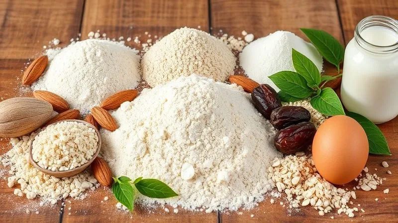 A beautifully arranged, photorealistic still life of various gluten-free flours (almond, coconut, oat, rice), natural sweeteners (erythritol, xylitol, stevia leaves, dates), and fresh baking ingredients like eggs, plant-based milk, and baking powder, on a rustic wooden table with soft, natural light. Professional photography, 8K, cinematic lighting, sharp focus, depth of field, shot on a high-end DSLR.