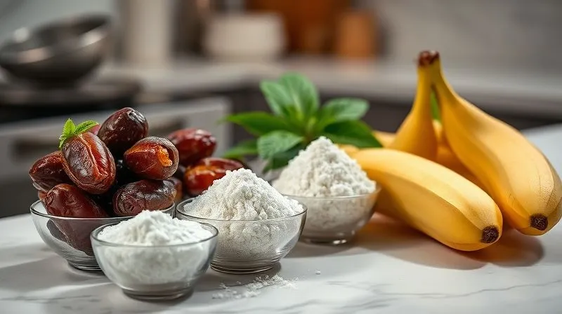 A close-up, photorealistic shot of various natural sugar alternatives like erythritol crystals, xylitol powder, fresh stevia leaves, Medjool dates, and ripe bananas, beautifully arranged in small bowls on a clean kitchen counter. Professional photography, 8K, cinematic lighting, sharp focus, depth of field, shot on a high-end DSLR.