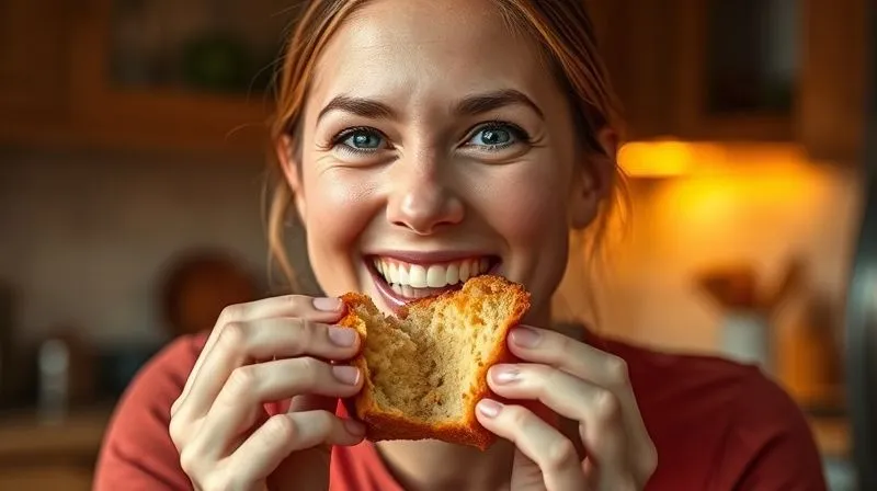 A professional photography shot of a woman (Anna) happily taking a bite out of a perfectly baked, fluffy gluten-free, sugar-free muffin, with a satisfied smile. The kitchen is bright and inviting. 8K, cinematic lighting, sharp focus, depth of field, shot on a high-end DSLR.