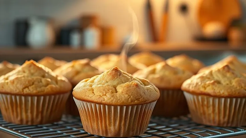 A close-up, photorealistic shot of a cooling rack with perfectly golden-brown, fluffy gluten-free, sugar-free muffins, showing a slight steam rising. The background is a gently blurred, warm kitchen. Professional photography, 8K, cinematic lighting, sharp focus on the muffins, depth of field, shot on a high-end DSLR.
