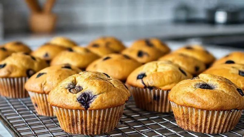 Photorealistic, professional photography, 8K, cinematic lighting, sharp focus on a cooling rack filled with freshly baked, golden-brown gluten-free blueberry muffins. The muffins are perfectly domed and fluffy, with visible blueberries. In the background, a subtle, blurred kitchen setting, depth of field, shot on a high-end DSLR.