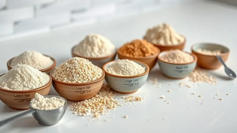 A professional studio shot of various gluten-free flours (rice, millet, buckwheat, tapioca, psyllium husk) neatly arranged in small bowls on a clean white surface, with measuring spoons, cinematic lighting, sharp focus on the textures, depth of field, 8K hyper-detailed, professional photography, shot on a high-end DSLR, conveying precision and health.