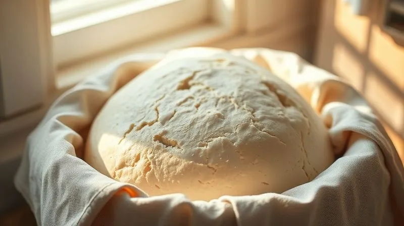 A photorealistic close-up of gluten-free bread dough slowly rising in a ceramic bowl covered with a linen cloth, placed in a warm, sunlit kitchen corner. Soft, cinematic lighting, sharp focus on the subtle texture of the dough, depth of field blurring the background, 8K hyper-detailed, professional photography, shot on a high-end DSLR, conveying patience and natural process.