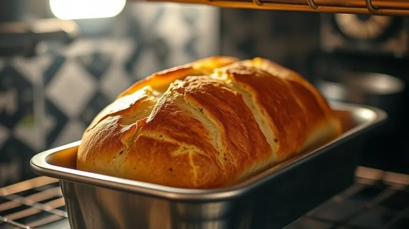 A photorealistic image of a freshly baked, golden-brown gluten-free bread loaf, still in the baking pan, being carefully removed from a steaming oven. Cinematic lighting highlights the crispy crust, with a slight blur of heat haze. Sharp focus on the bread, depth of field blurring the kitchen background, 8K hyper-detailed, professional photography, shot on a high-end DSLR, evoking warmth and success.