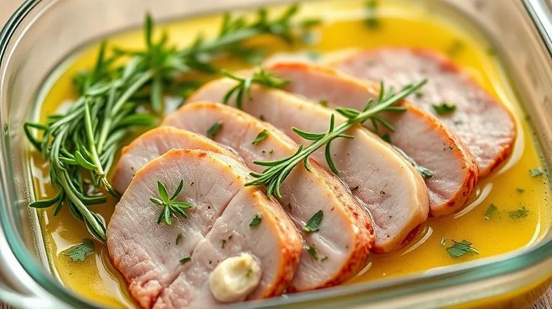 photorealistic, professional photography, 8K, cinematic lighting, sharp focus, depth of field, shot on a high-end DSLR. Sliced lean pork loin marinating in a glass dish with fresh herbs (rosemary, thyme), garlic, and a creamy yogurt marinade. The marinade coats the meat evenly, with vibrant green herbs contrasting against the pale pink pork. Soft, diffused natural light illuminates the scene, emphasizing freshness and readiness for cooking.