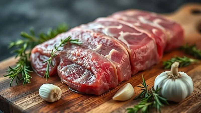 Photorealistic close-up of a fresh, raw veal tenderloin on a rustic wooden cutting board, surrounded by fresh rosemary sprigs and a few whole garlic cloves, cinematic lighting, sharp focus on the meat, depth of field blurring the background, 8K hyper-detailed, professional food photography.