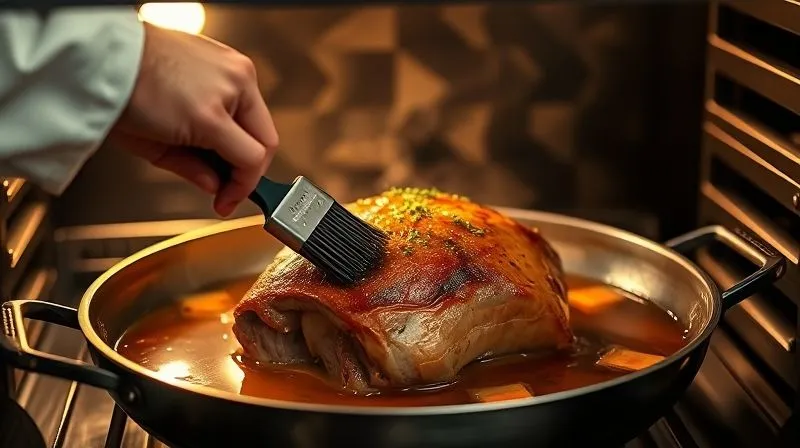 Photorealistic image of a chef's hands carefully basting a golden-brown roasted veal loin in a roasting pan with a warm broth, inside a professional kitchen oven, cinematic lighting, steam rising gently, sharp focus on the meat and basting brush, depth of field blurring the background, 8K hyper-detailed, shot on a high-end DSLR.